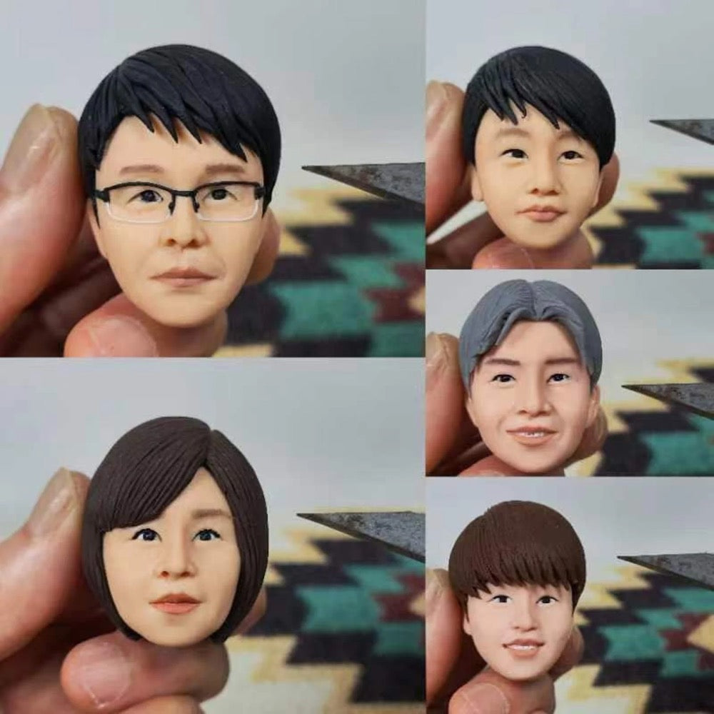 Collage of small figurines with different hairstyles and expressions.