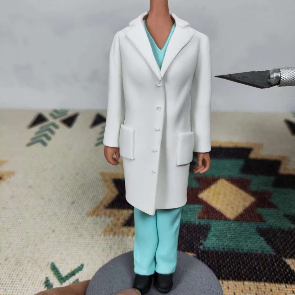 Custom female doctor bobblehead in a white coat and scrubs on a decorative background.