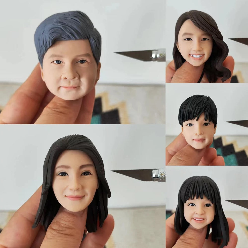 Collage of small figurines with different hairstyles held by a hand.