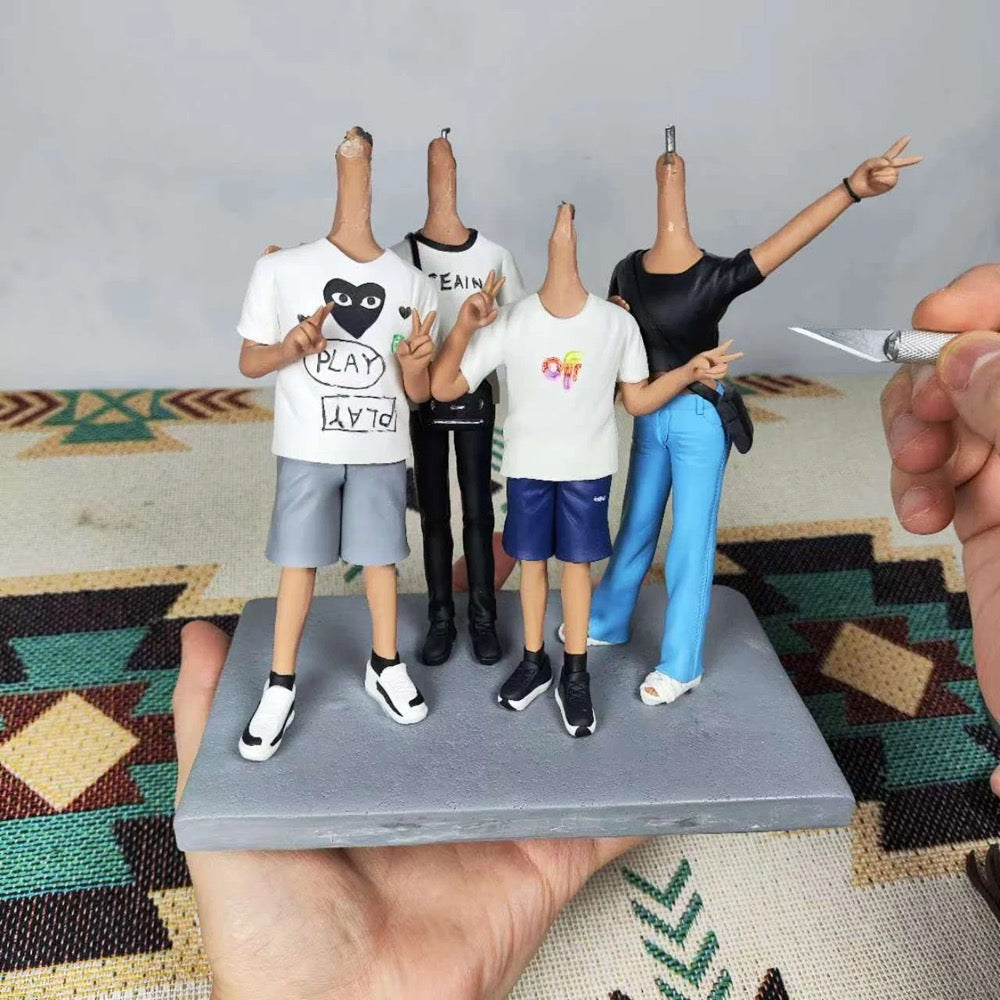 Custom family bobbleheads figurines on display, hand-crafted, capturing joyful moments together.