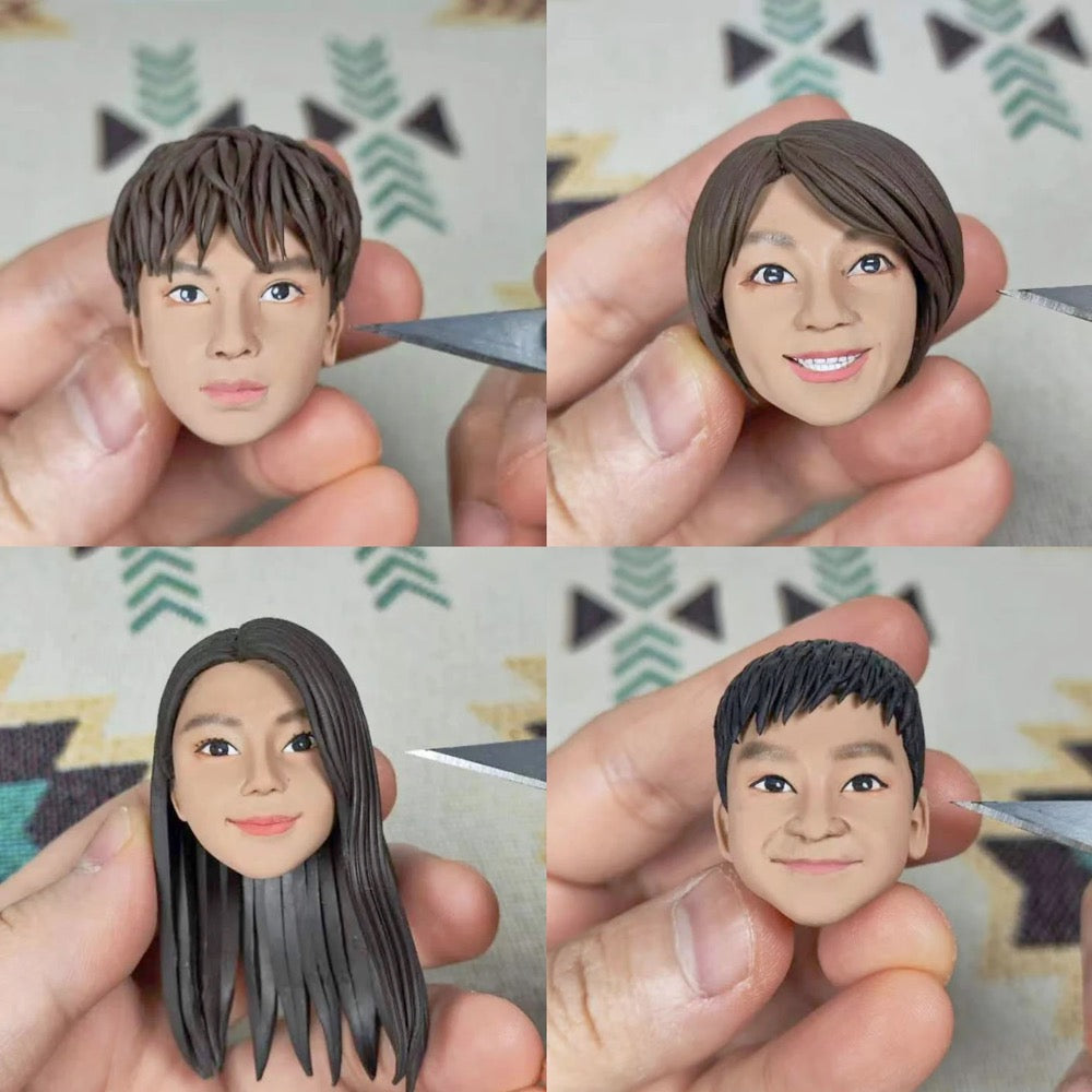 Four close-up views of small figurine heads with different hairstyles held by a hand against a patterned background.