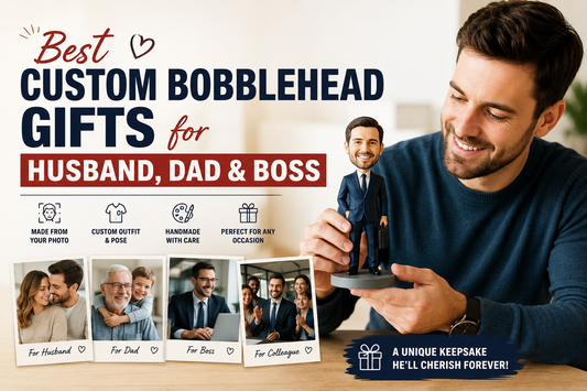  Man holding a custom bobblehead from photo, a personalized gift for husband or boyfriend