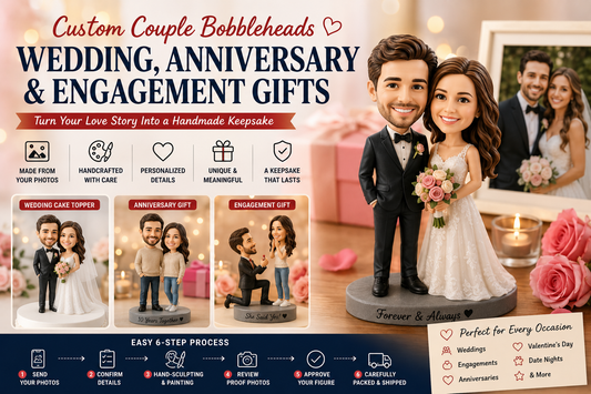 Couple holding custom couple bobbleheads from photo as a personalized wedding anniversary or engagement gift