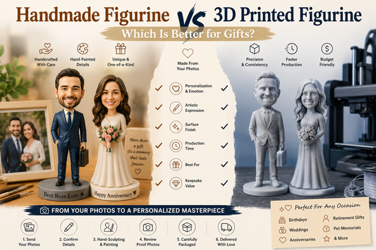 Handmade custom figurine from photo compared with a 3D printed figurine as personalized gift options