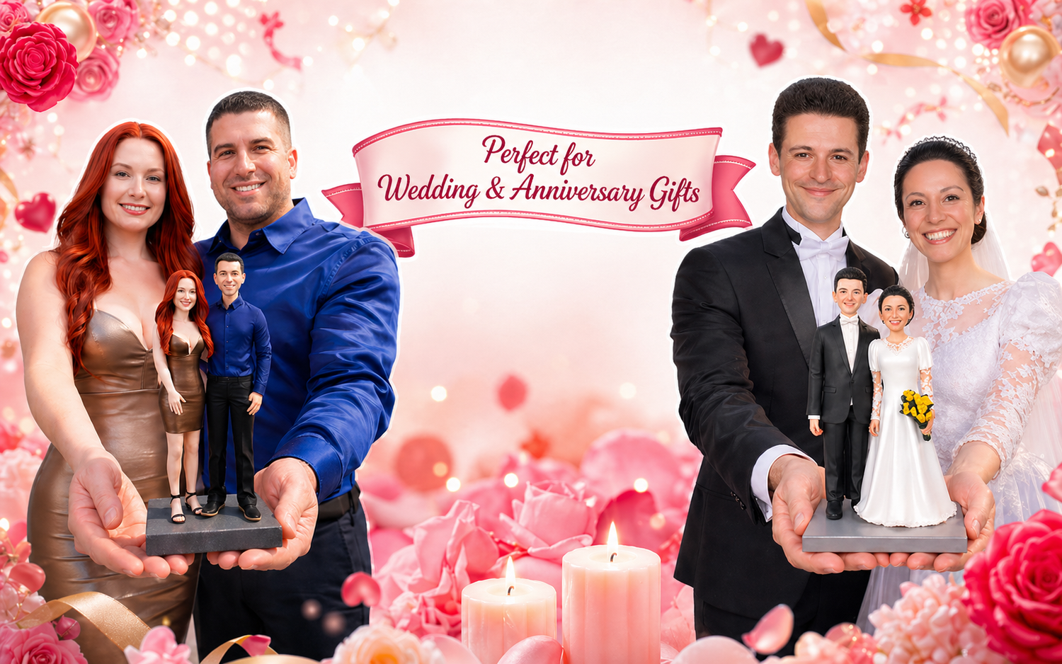 custom wedding cake topper and couple bobbleheads from photos