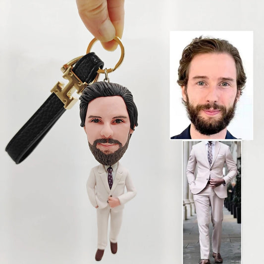 Custom keychain figurine with photo, personalized leather keychain doll for men, Personalized keychain figure charm, travel accessory gift