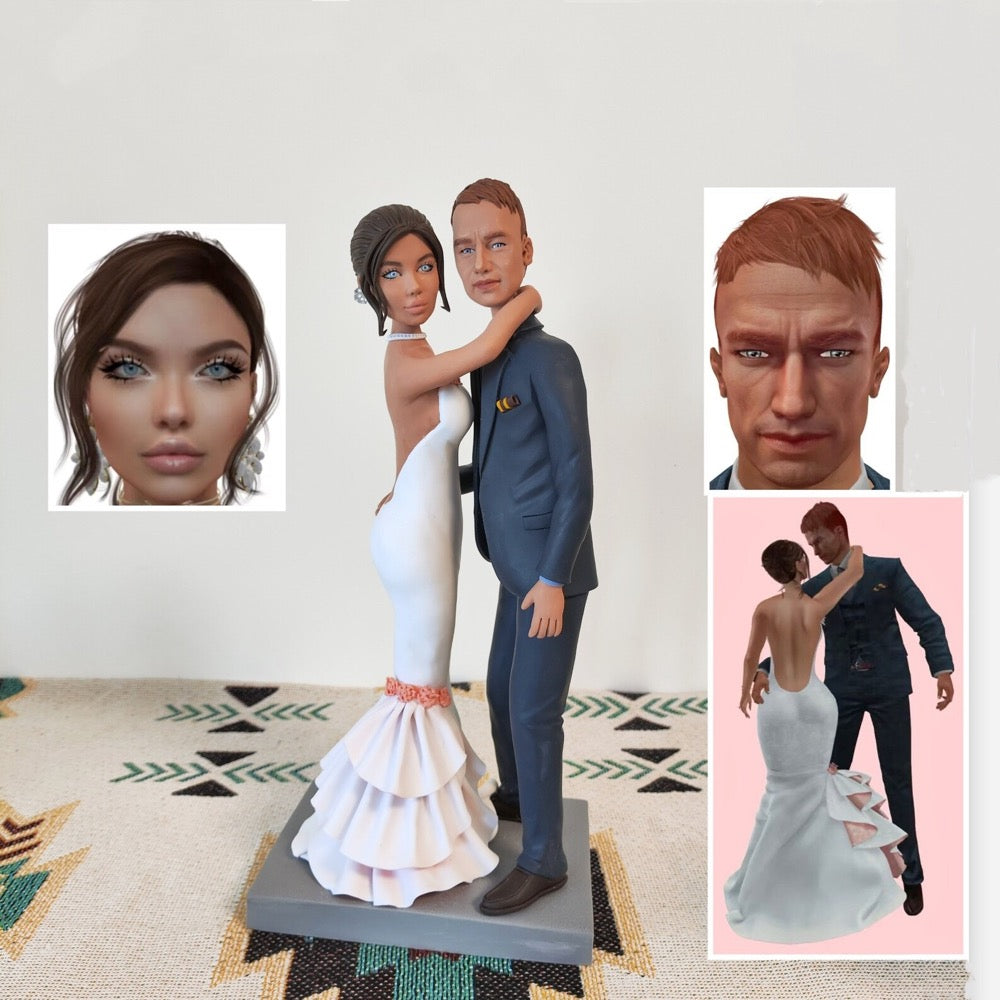 Custom wedding cake topper couple figurine made from bride and groom photos with outfit references