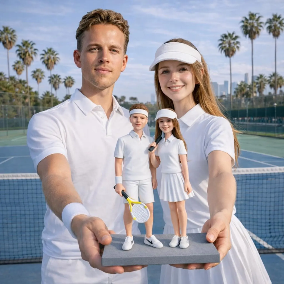 Custom tennis couple figurine from photo as a personalized wedding cake topper for sporty couples