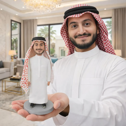 Muslim Man holding a personalized figurine made from his photo as a custom gift for men