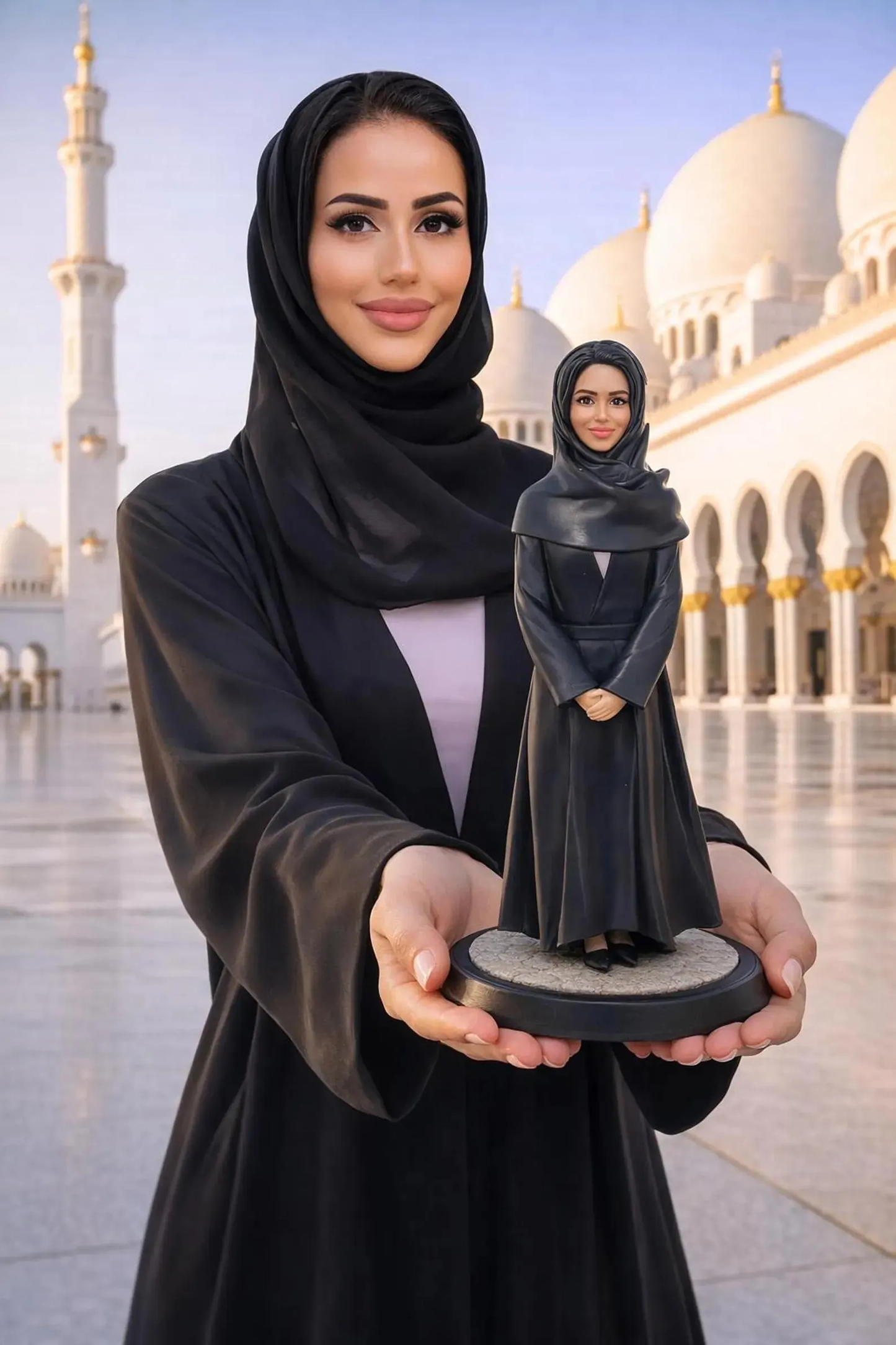 Muslim Woman holding a custom figurine from photo as a personalized anniversary gift