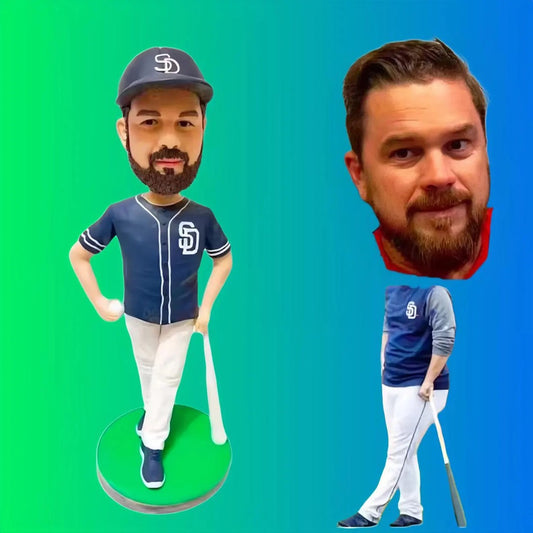 Bobblehead with a baseball player's outfit and face on a gradient background