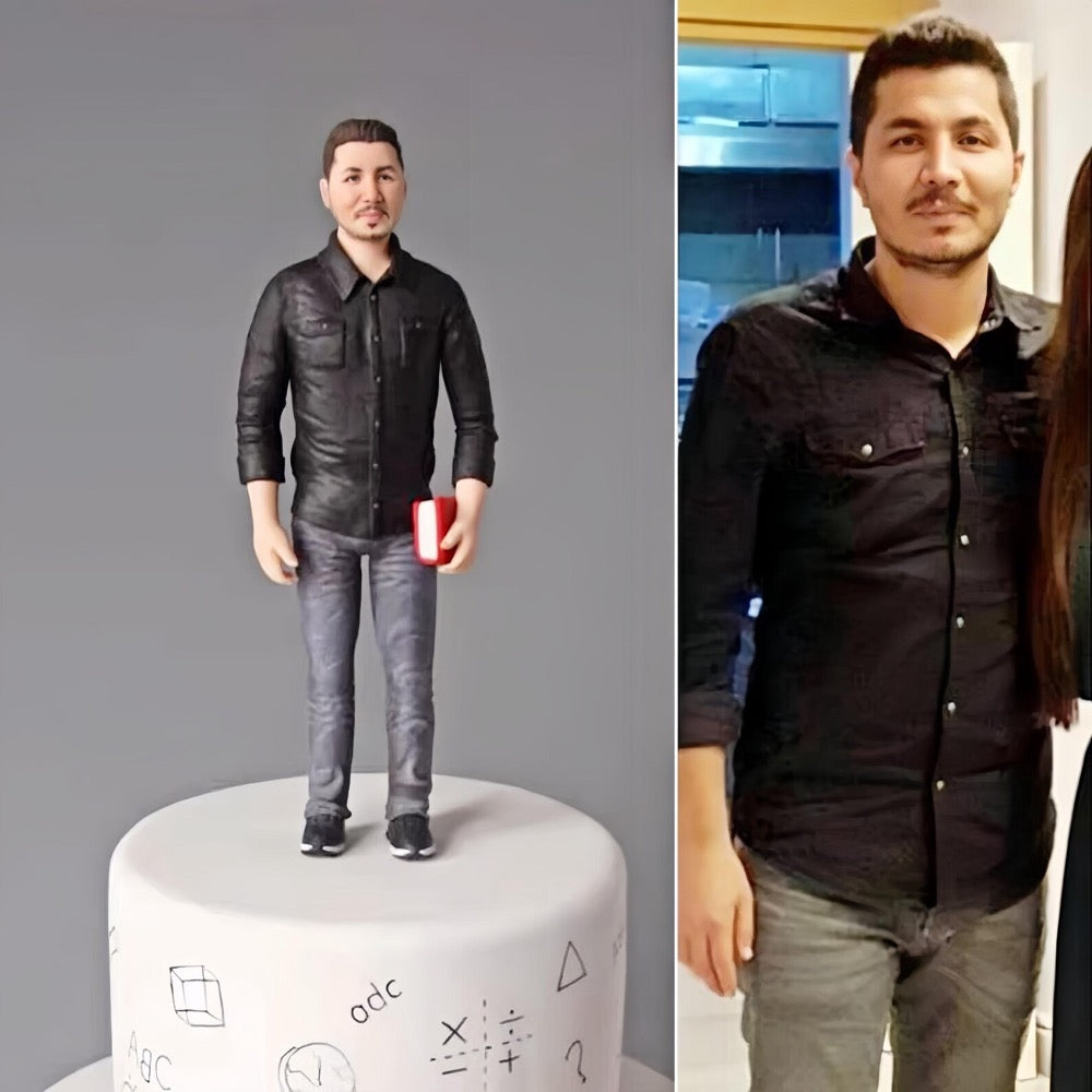 Figurine of a man in a black shirt and gray pants next to a photo of a real person wearing the same outfit.