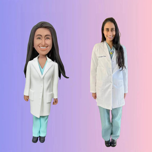 Custom female doctor bobblehead alongside a real doctor, showcasing a unique handmade gift for healthcare professionals.