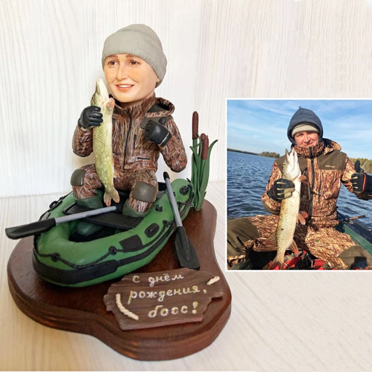 custom bobblehead fishing with boat  and fishes on hand