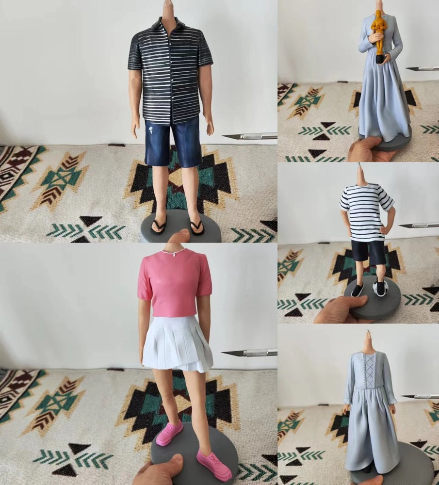 Collage of mannequin figures wearing different outfits on a patterned rug.