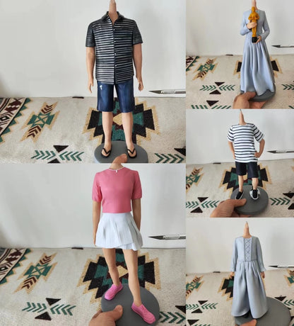Collage of mannequin figures wearing different outfits on a patterned rug.