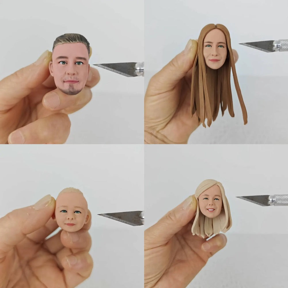 Collage of four images showing small figurines of a man, woman, baby, and another woman held by a hand.