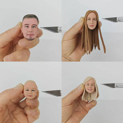Collage of four images showing small figurines of a man, woman, baby, and another woman held by a hand.