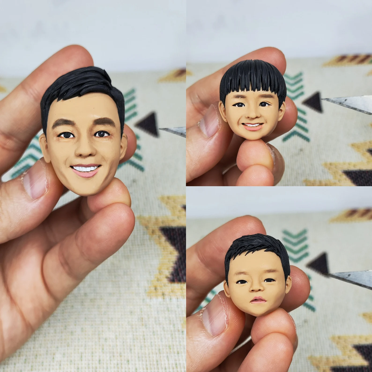 Handmade custom family figurine face sculpting process from customer photos