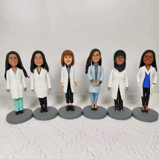 Set of six customizable female scientist figurines in various outfits on a white background