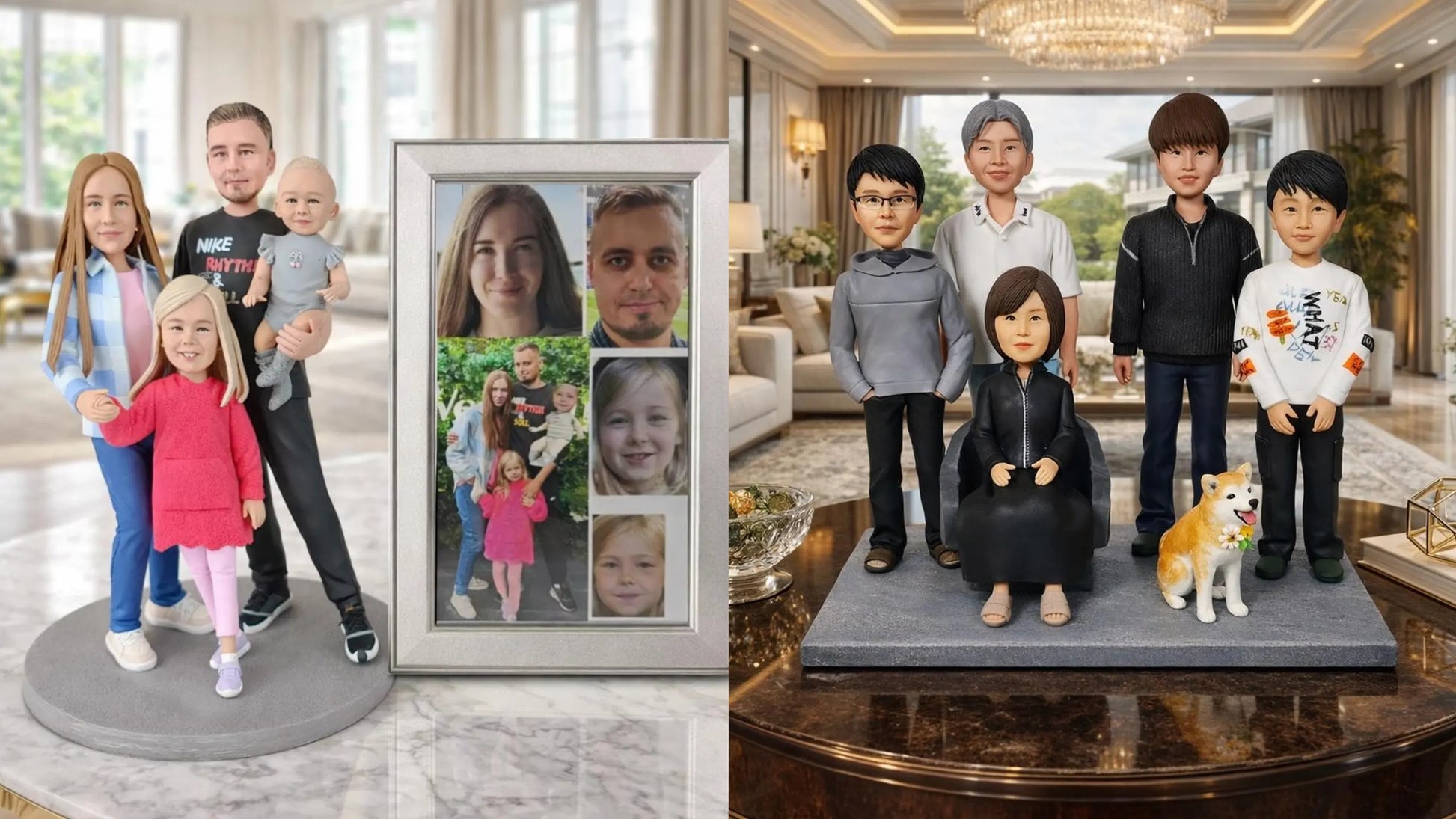 Custom Family of 4 Bobbleheads with Pet from Photo - uDesign Gift