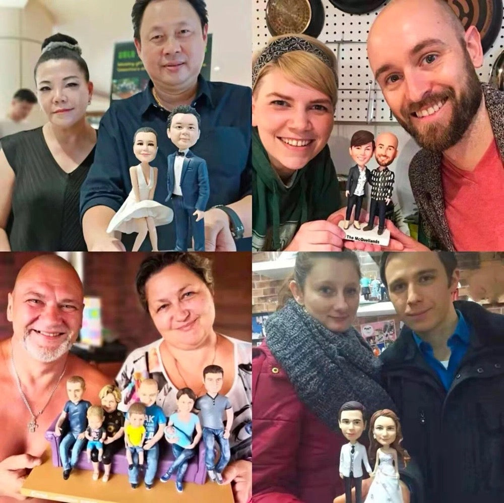 Customer photo collage of custom couple bobbleheads and personalized anniversary gifts