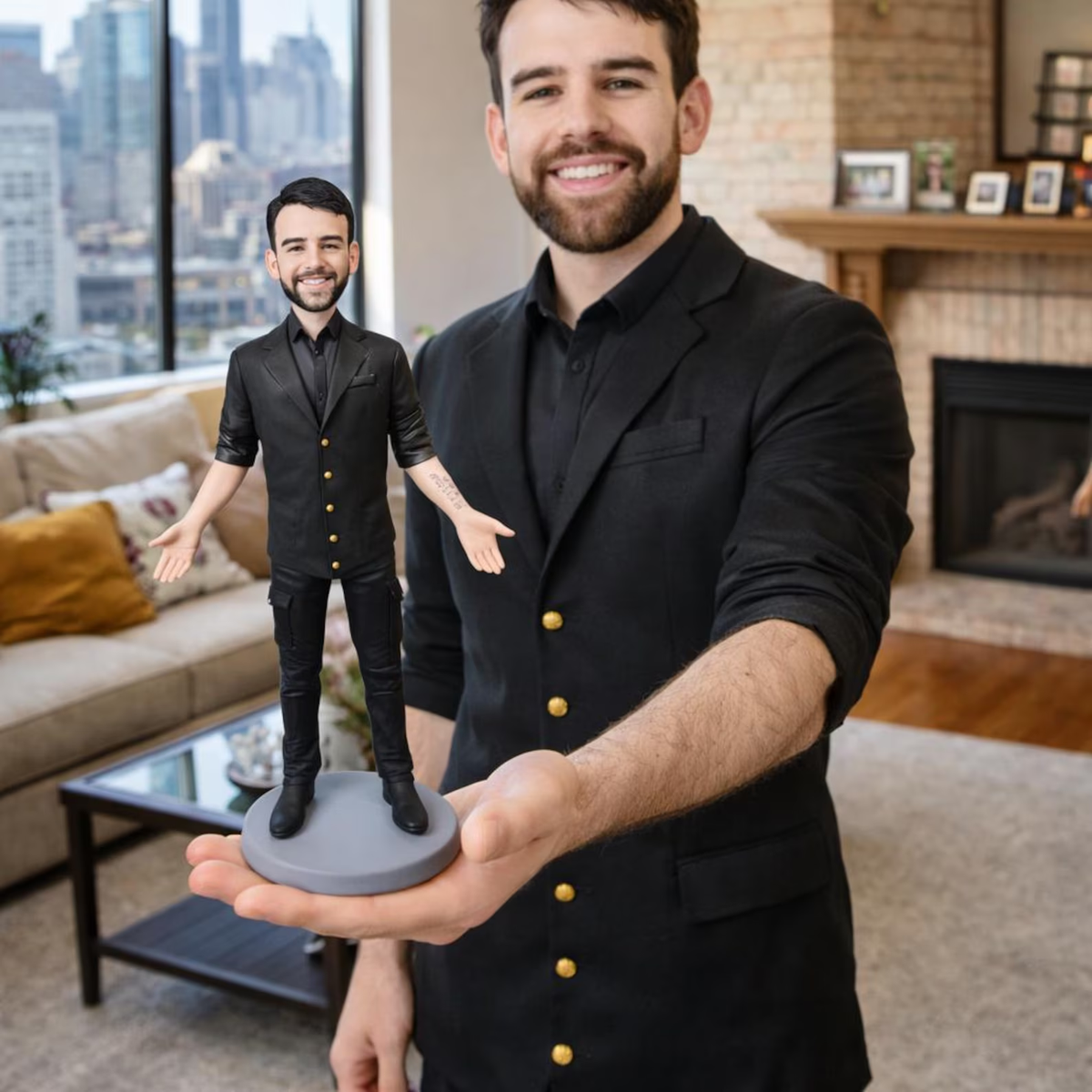 Man holding a personalized figurine from photo, a custom birthday or Father’s Day gift