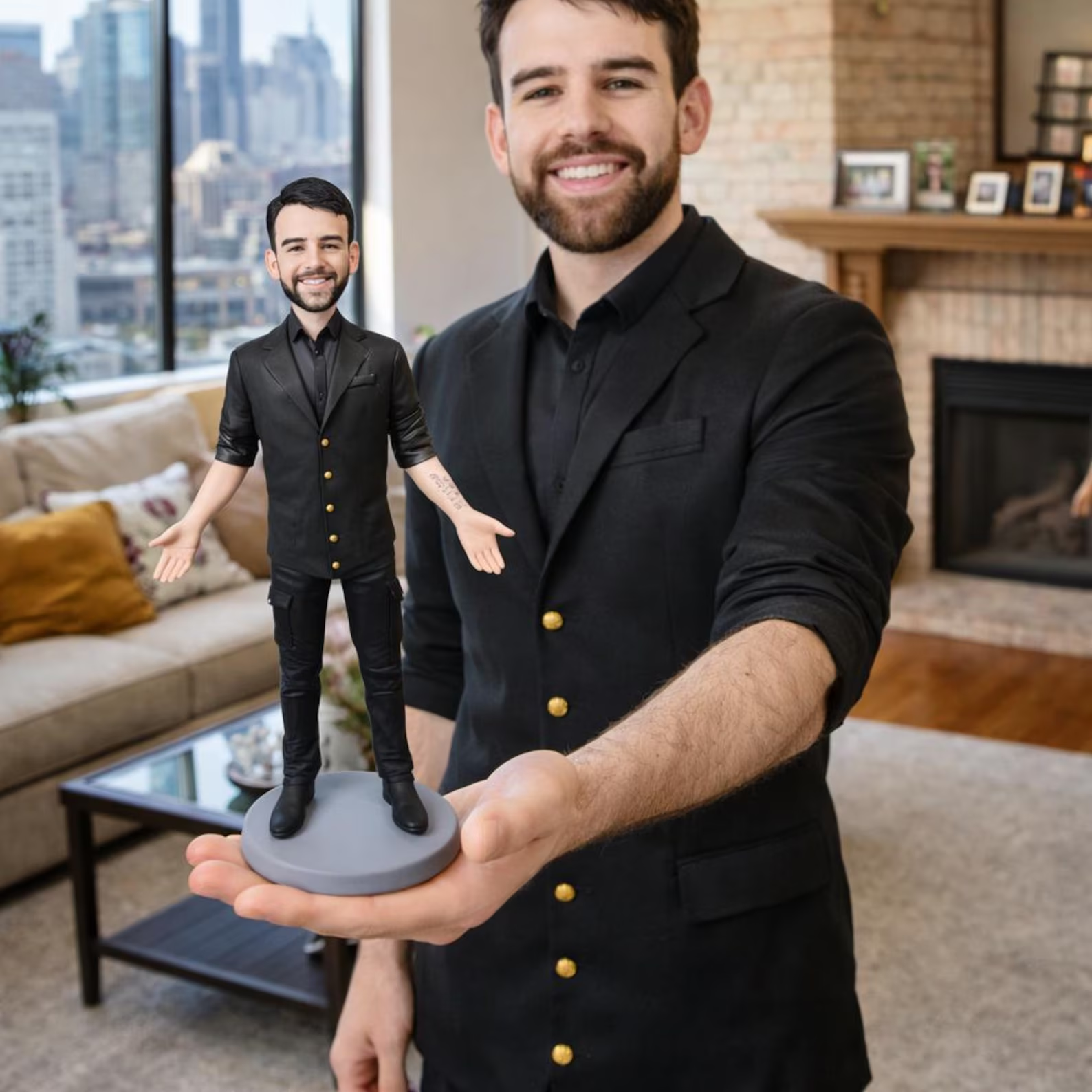 Handmade personalized figurine for husband from photo, displayed as an anniversary gift