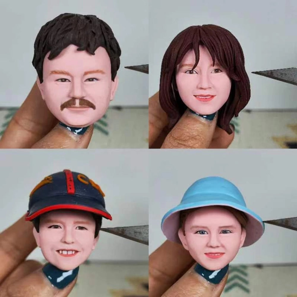 Custom family bobblehead portraits featuring four unique figures with diverse hairstyles and expressions.