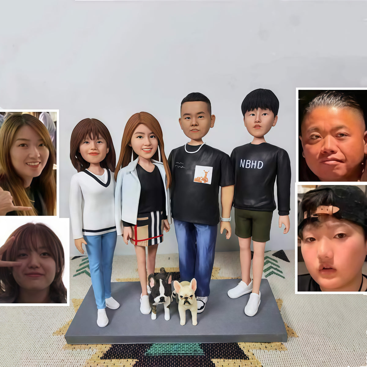 Custom family figurines with dogs made from photos as a personalized family Christmas gift